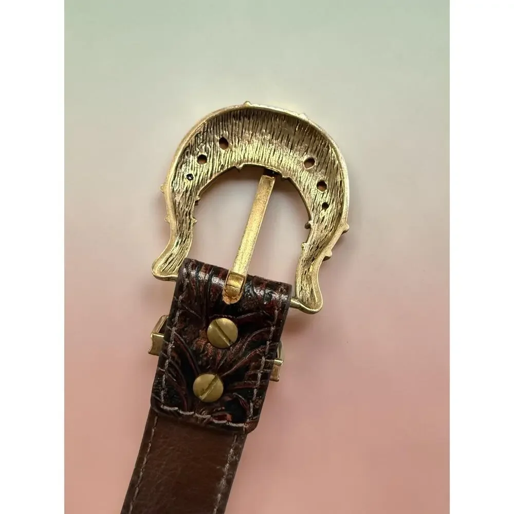 Barse Coral Tooled Leather Belt Buckle Bracelet Western Boho Thailand 11